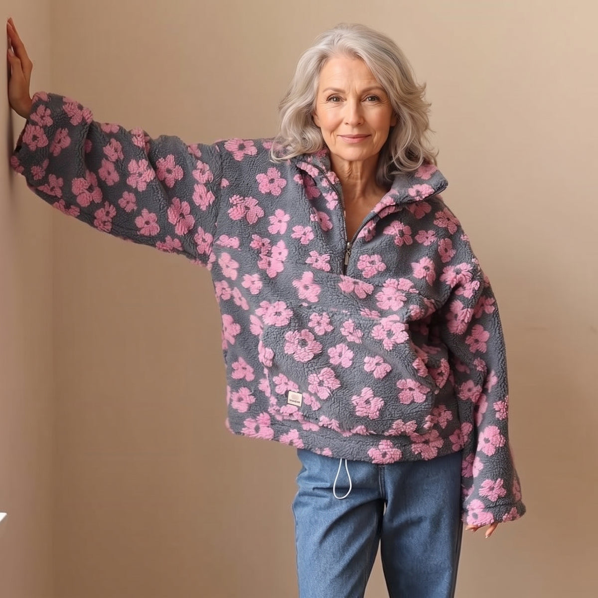 Rosie - Oversized Floral Half-Zip Fleece
