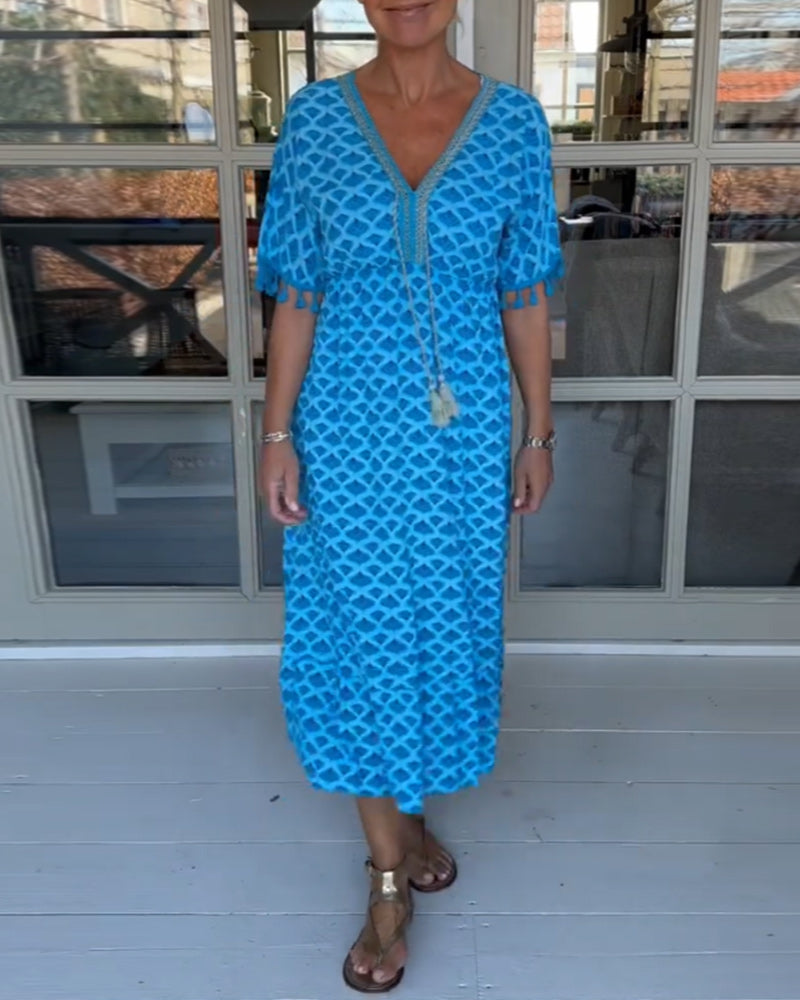 KEELA - CASUAL PRINTED V-NECK DRESS