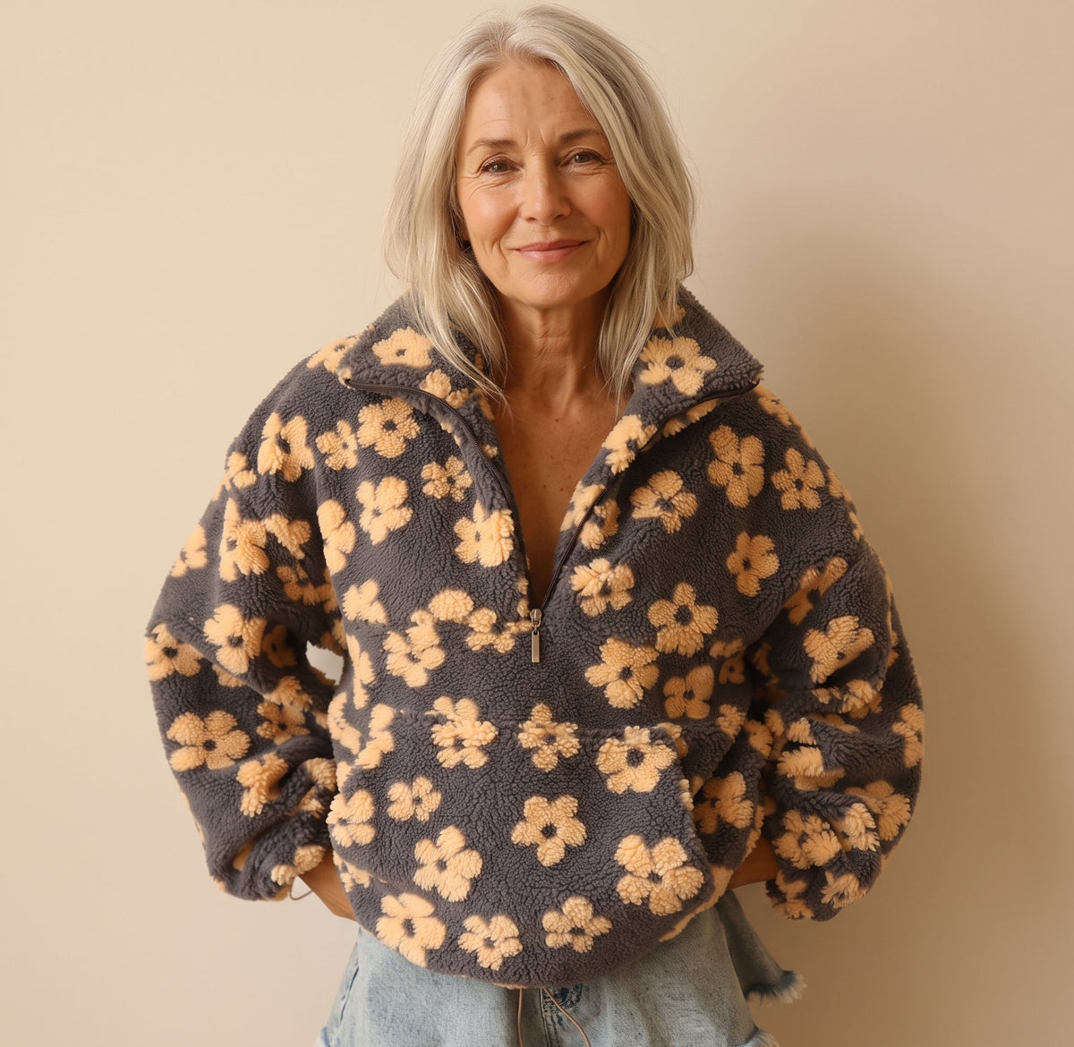 Rosie - Oversized Floral Half-Zip Fleece