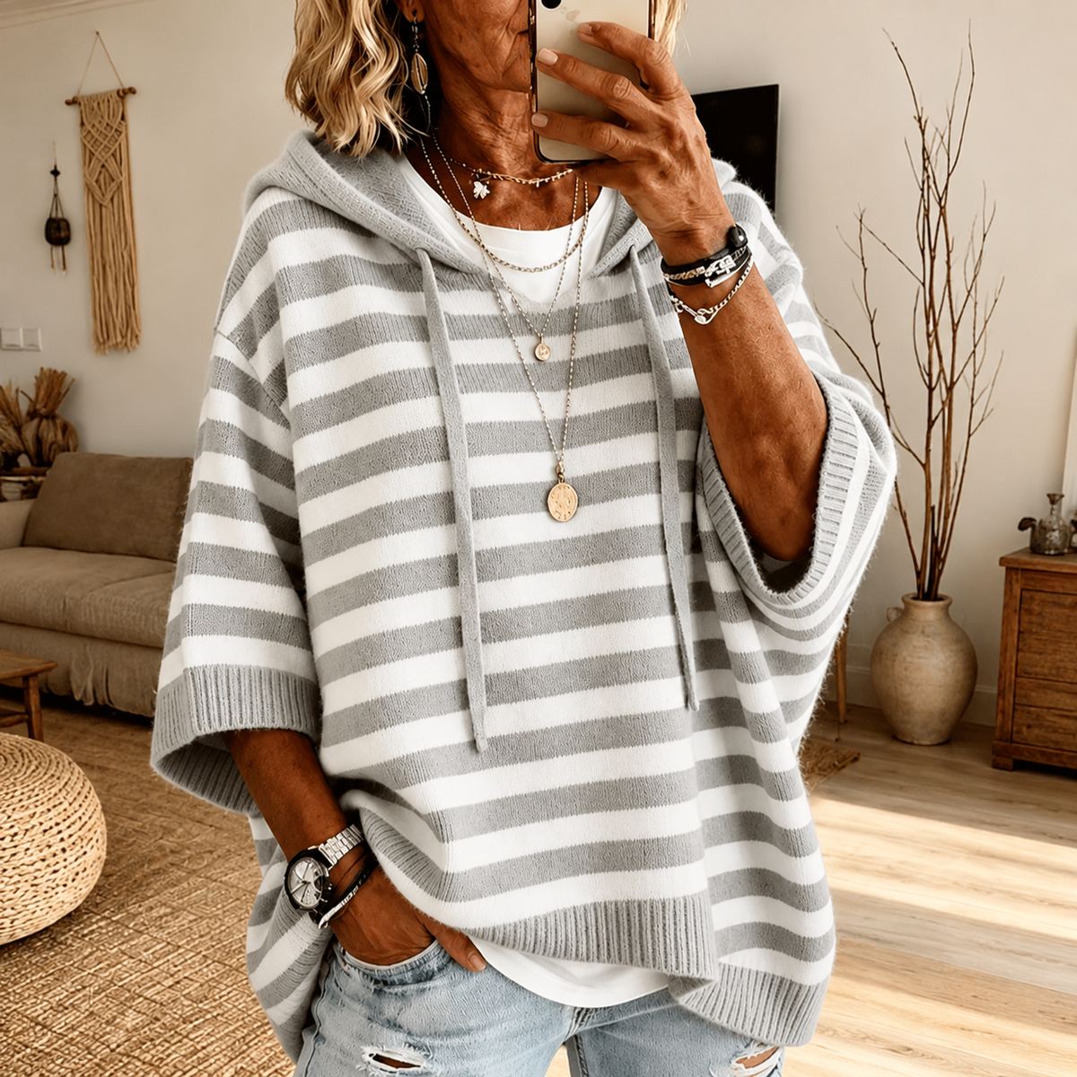 Celine - Gray Striped Poncho Sweater