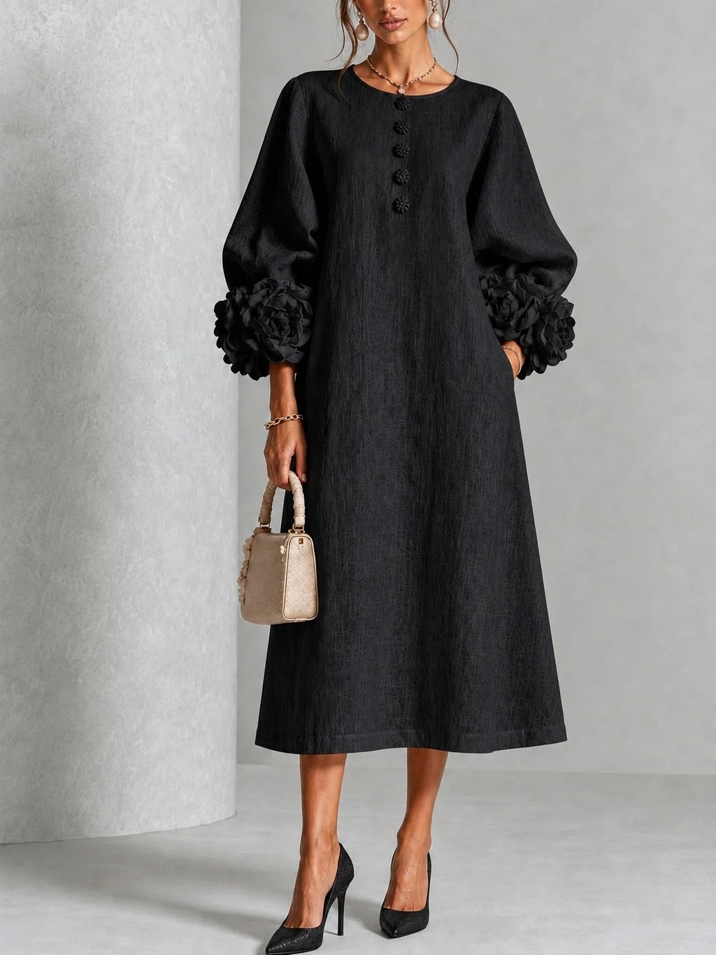 Maureen - Floral Midi Dress with Rose Cuffs
