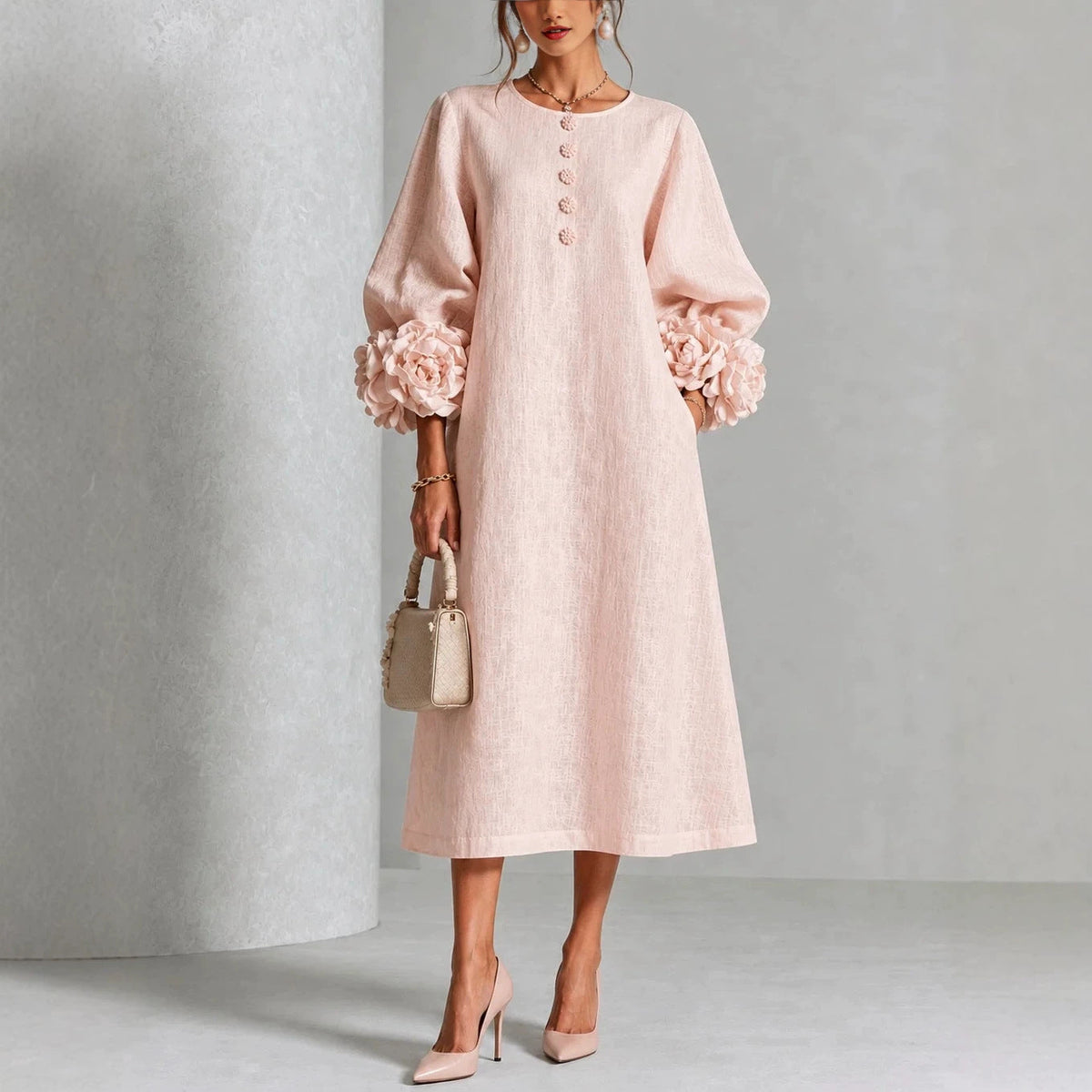 Maureen - Floral Midi Dress with Rose Cuffs