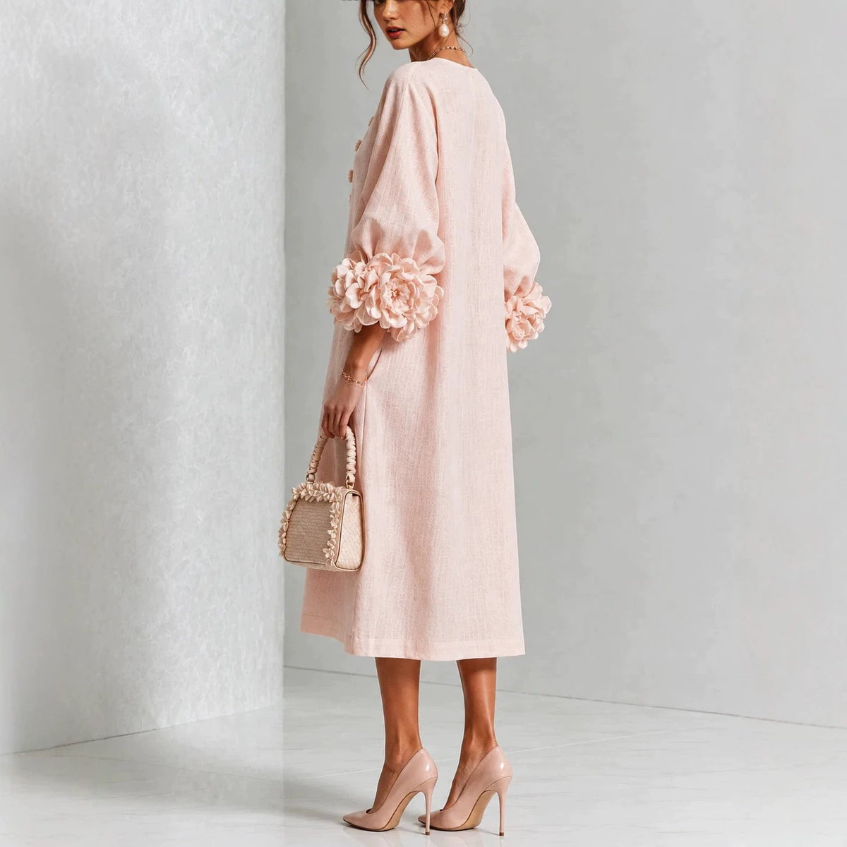 Maureen - Floral Midi Dress with Rose Cuffs