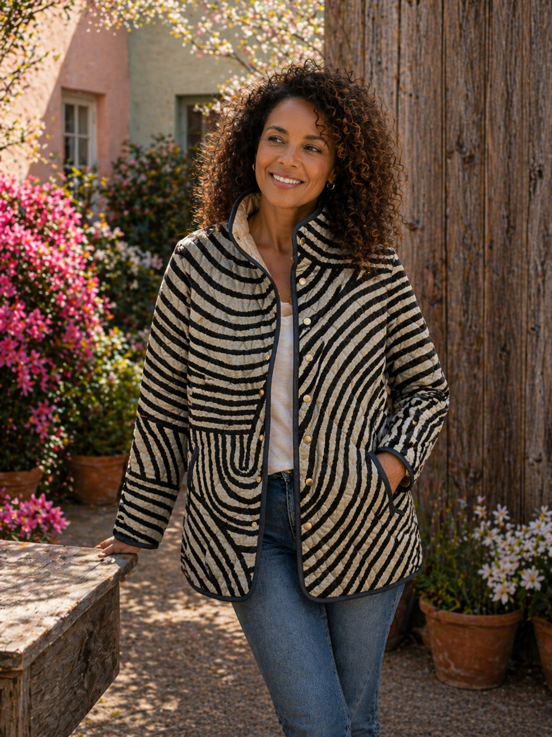 Susan - Retro Hand-Drawn Circle Design Quilted Jacket