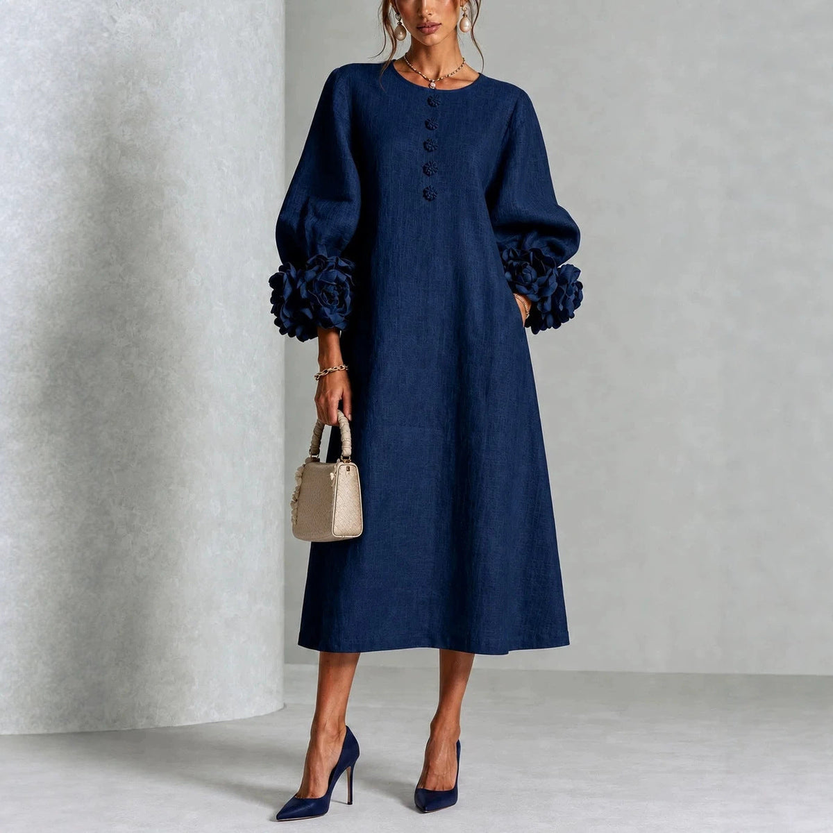 Maureen - Floral Midi Dress with Rose Cuffs