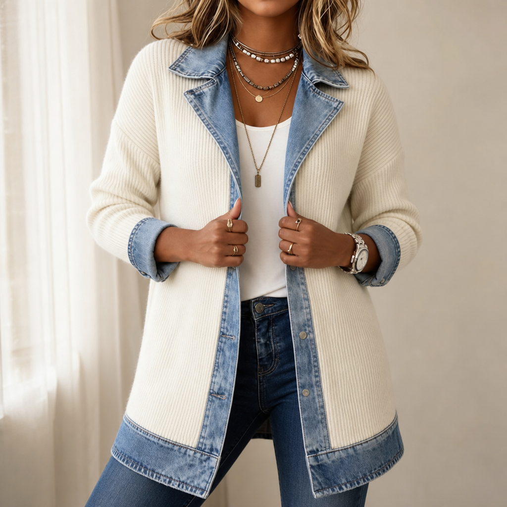 Brenda - Ribbed Knit Coat With Denim Panels