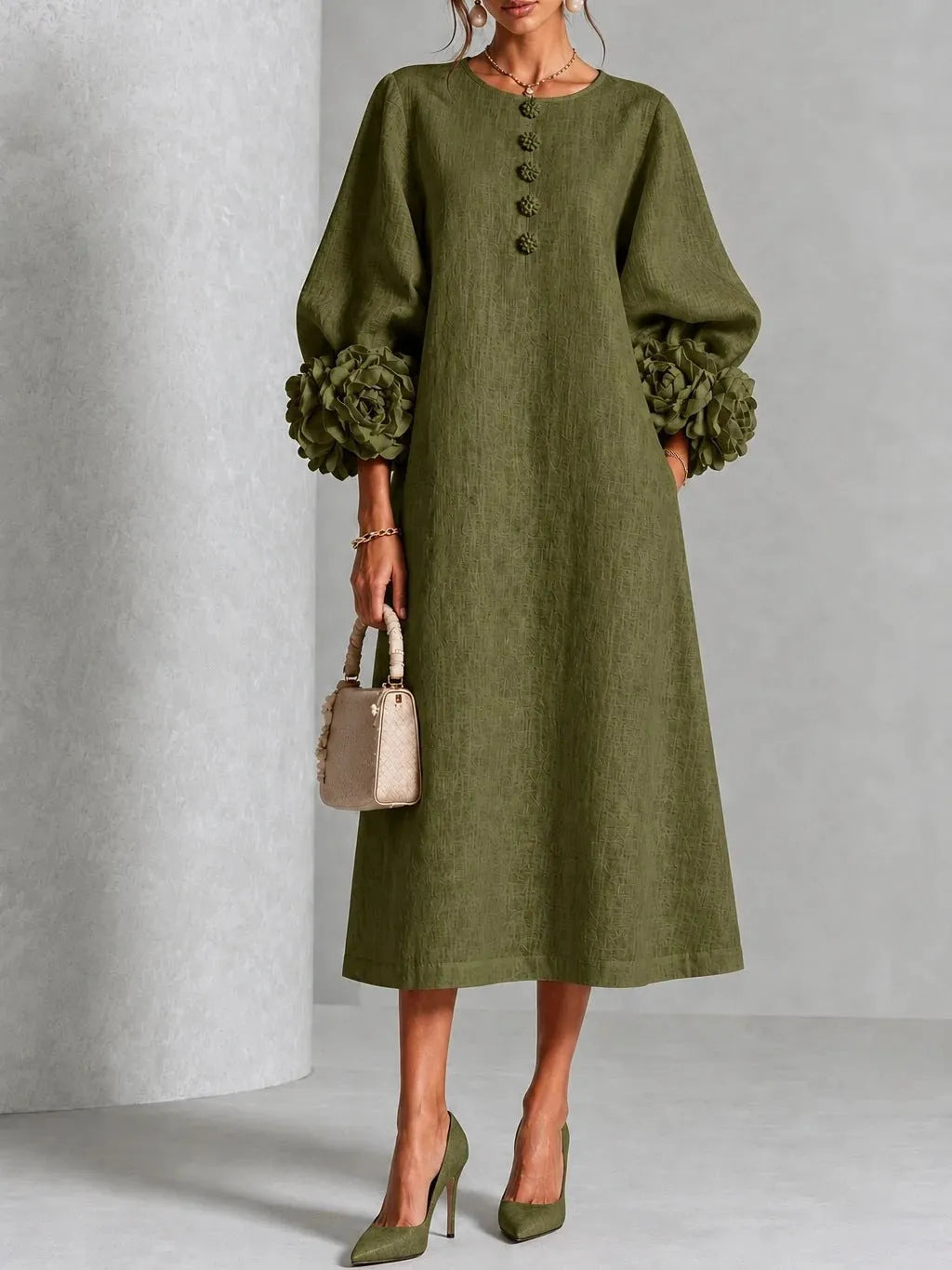 Maureen - Floral Midi Dress with Rose Cuffs