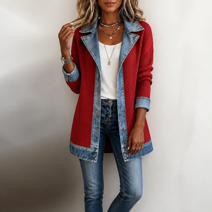 Brenda - Ribbed Knit Coat With Denim Panels