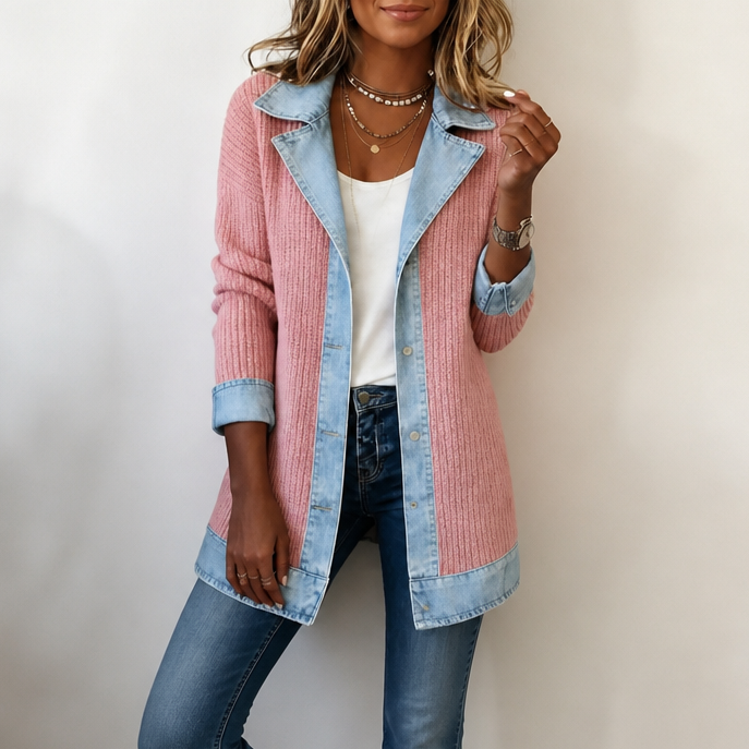 Brenda - Ribbed Knit Coat With Denim Panels