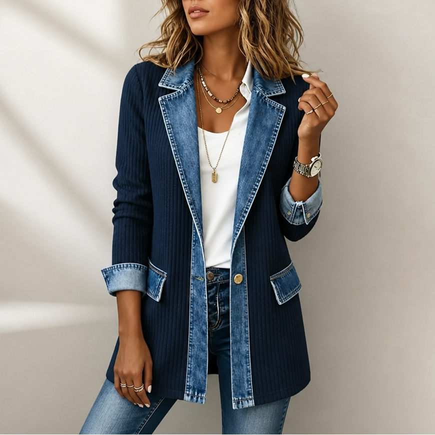 Brenda - Ribbed Knit Coat With Denim Panels