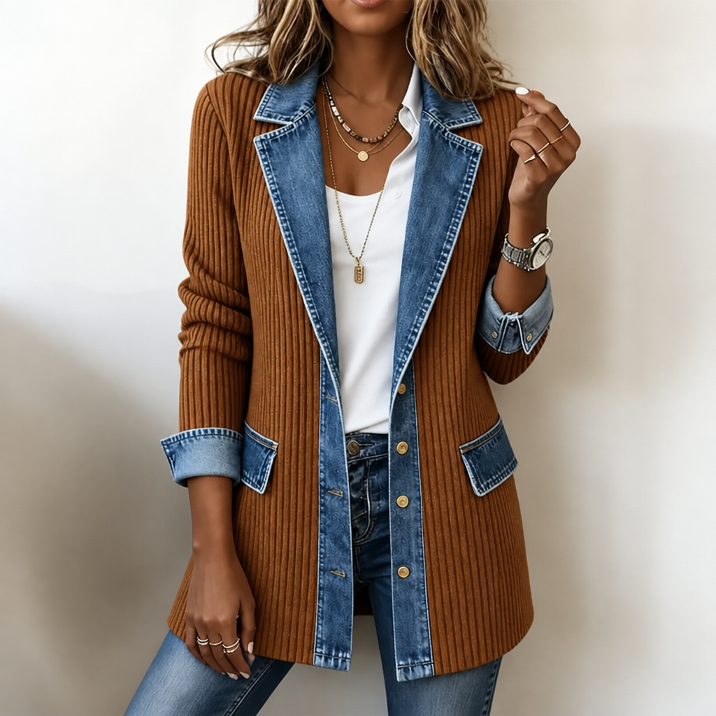Brenda - Ribbed Knit Coat With Denim Panels